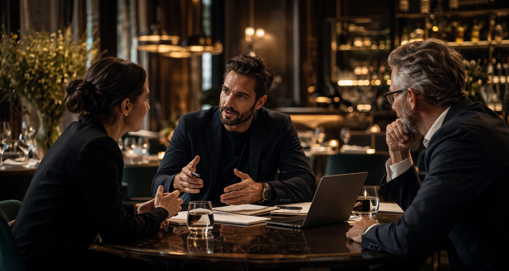 Trois professionnels échangent autour d’une table dans un restaurant d’hôtel